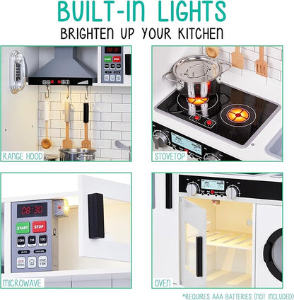 Lil’ Jumbl Kids Kitchen Set, Pretend Wooden Play Kitchen, Battery Operated Icemaker, Microwave, Range Hood, Stove Top, Oven, with Realistic Sound & Lights, Pots, Pan, & Utensils Included