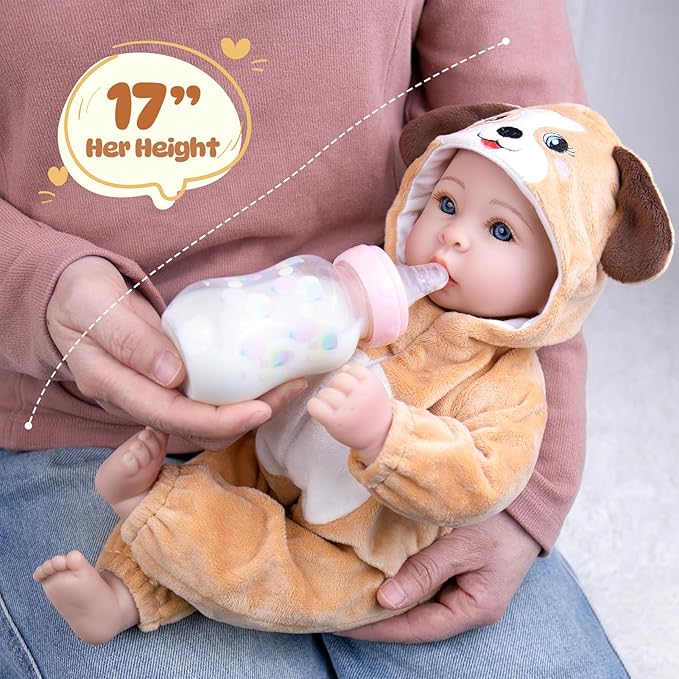 Aori Baby Dolls Realistic, 17-inch Lifelike Baby Doll Set with Feeding Kit Included, Real Life Baby Dolls for Kids 3+, Parents, Elderly and Collectors