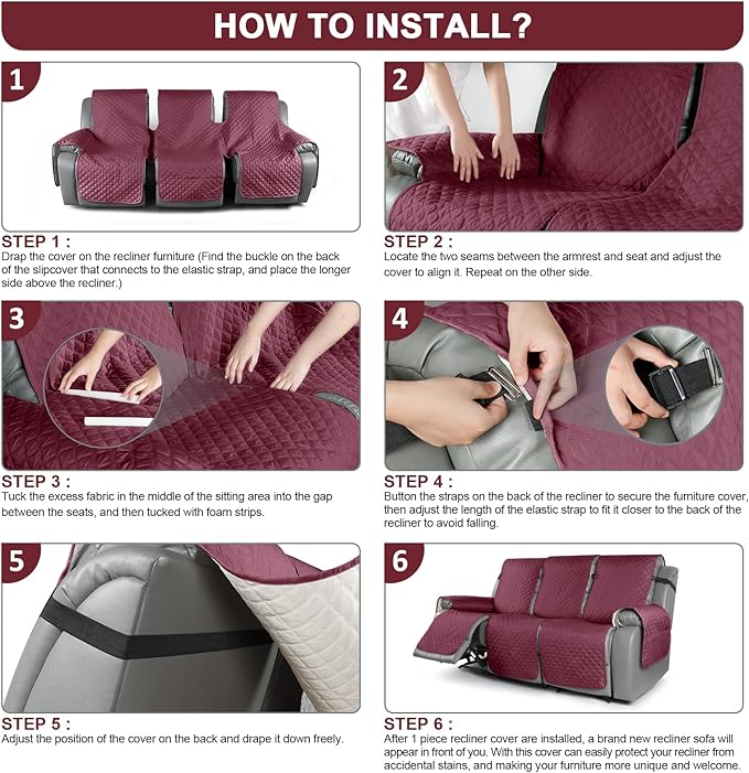 TAOCOCO Recliner Sofa Slipcover Couch Covers for 3 Cushion Couch, Pet Sofa Cover for 3 Seat Recliner Sofa, Washable Reclining Sofa Cover Furniture Protector with Elastic Straps(3 Seater, Wine)