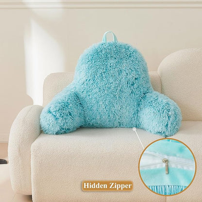 XeGe Faux Fur Reading Pillow Cover (No Filler), Fluffy Back Rest Pillow Case for Bed Sitting Up, Adults Kids Gaming Shaggy Sit Up Back Support Pillow Cover with Arms for Couch Chair Car, Aqua Ombre