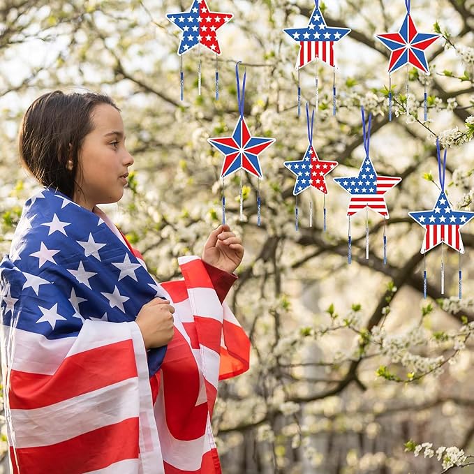 Fennoral 12 Pack Star Wind Chime Kit for Kids Make You Own Patriotic Star Wind Chimes DIY Colorful 4th of July Craft for USA Independence Day Ornaments 4th of July Art Activity