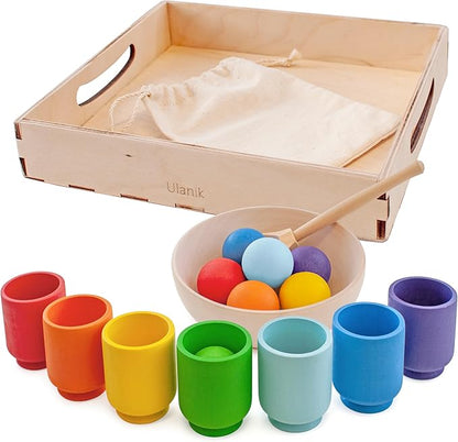 Ulanik Rainbow Balls in Cups Toddler Montessori Toys for 1+ Year Old Kids Wooden Matching Game for Learning Color Sorting and Counting — 7 Balls, 1.18 in