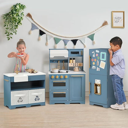 Teamson Kids Little Chef Atlanta Large Modular Wooden Play Kitchen with Interactive, Realistic Features, and 17 Kitchen Accessories, for 3yrs and up, Blue/White/Gold
