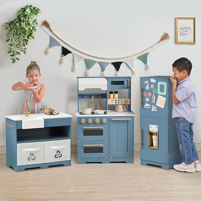 Teamson Kids Little Chef Atlanta Large Modular Wooden Play Kitchen with Interactive, Realistic Features, and 17 Kitchen Accessories, for 3yrs and up, Blue/White/Gold