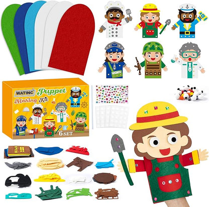 WATINC 6Pcs Hand Puppet Making Kit, Art Craft Felt Sock Puppet Toys, Creative DIY Make Your Own Pompoms Wiggle Googly Eyes Storytelling Role Play Party Supplies Gift for Girls Boys (Career B)