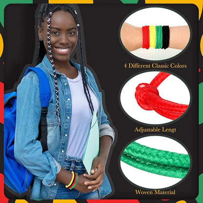 Kigeli 400 Pieces Black History Month Friendship Bracelets Bulk Neon Rope Bracelets in 4 Assorted Colors Adjustable Green Red Gold Bracelets Rope Woven Bracelets for Black History Month Party Decor