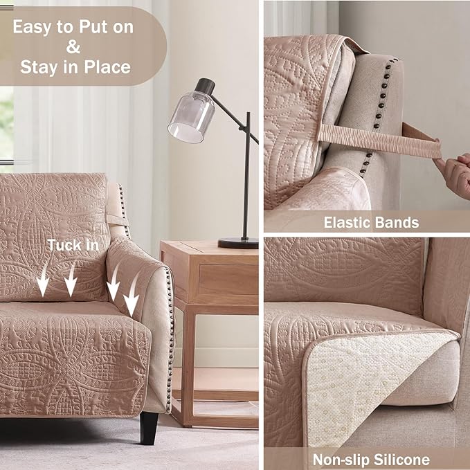 Soft Quilted Pink Couch Cover Waterproof for Extra-Large Sofa, Anti-Slip Sofa Covers for Dogs Washable, Pet Friendly Oversized Sofa Cover with Storage Pockets (X-Large Sofa 78", Pink)