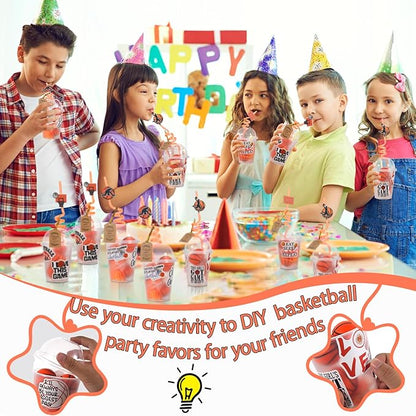 LiYiQ 158 Pcs Basketball Party Favors Basketball Party Supplies with Cup Straw Stress Ball Keychain Sticker Slaps Bracelets Whistle Thank You Tags for Basketball Birthday Decorations (Basketball)