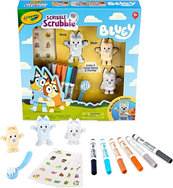Crayola Scribble Scrubbies Deluxe Bluey Playset (3ct), Toddler Arts & Crafts Kit, Washable Stickers, Bluey Toys, Gift for Girls & Boys, Ages 3+
