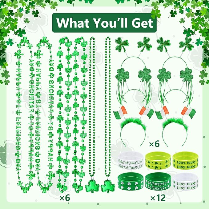 24 Pcs St. Patrick's Day Party Favor Set with 6 Pcs Shamrock Headbands, 12 Pcs Lucky Silicone Bracelets, and 6 Pcs Clover Necklaces Accessories for St. Paddy's Irish Decorations and Celebrations