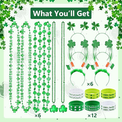 24 Pcs St. Patrick's Day Party Favor Set with 6 Pcs Shamrock Headbands, 12 Pcs Lucky Silicone Bracelets, and 6 Pcs Clover Necklaces Accessories for St. Paddy's Irish Decorations and Celebrations