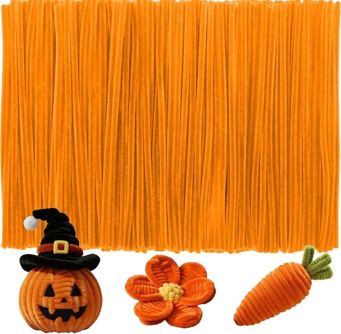 Orange Pipe Cleaners Crafts,100pcs Chenille Stem,DIY Arts and Crafts Supplies for Halloween/Christmas Room Decor Indoor,Art Supplies for Kids,Stem Toys for Ages 5-7,Teen Girl Gifts,Handmade Flower