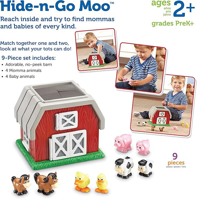 Learning Resources Hide-N-Go Moo, Farm Animal Toy, Barn Toys for Toddlers, 9 Pieces, Ages 2+