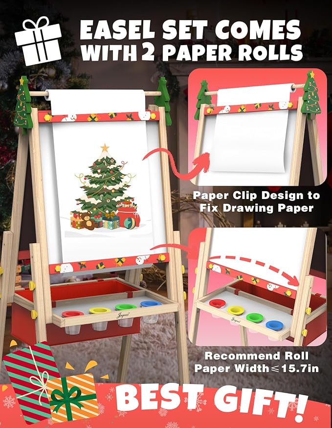 Joyooss Art Easel for Kids Easel for Toddlers, Christmas Gifts for Kids Adjustable Standing Wooden Toddler Easels Kids Dry Erase Board, Art Easel for Kids Age 2-4 4-8 9-12 Drawing Easels Girl Toys