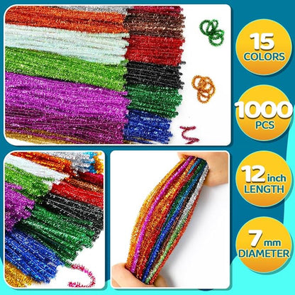 1000pcs Pipe Cleaners, Pipe Cleaners for Crafts, Craft Supplies Multicolor Chenille Stems for Art&Craft Christmas DIY Projects(15colors,Glitter)