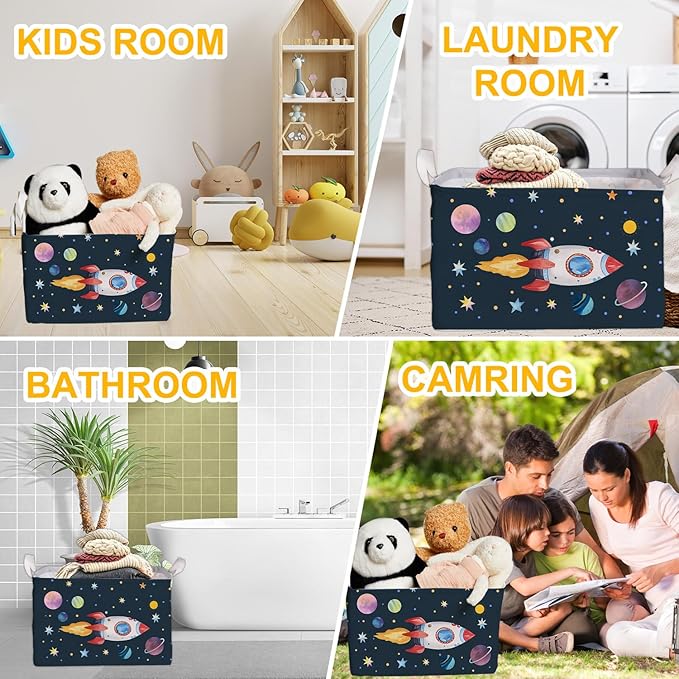 Rocket Storage Basket with Handles, Rockets Foldable Space Organizer, Waterproof Toy Box for Boys Girls, Multi Storage Container for Nursery Room, Rocket Storage for Clothes, Gifts and Home Decor