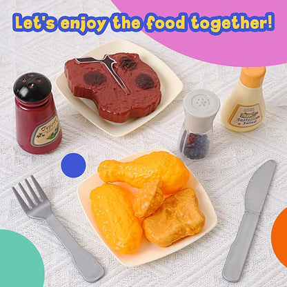 Play Food Toys, Kids Kitchen Accessories, 44 Piece Toy Food Set with Realistic Fake Food, Desserts, and Play Cooking Set, Preschool Learning Kitchen Toys for Toddlers