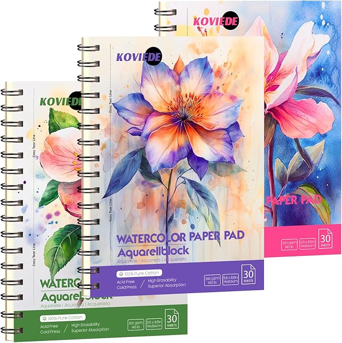 KOVIEDE 100% Cotton Watercolor Paper Pad 3 Pack (90 Sheets) Cold Press 140lb/300gsm Spiral Bound Watercolor Sketchbook, Artist Quality Art Journal Supplies (Floral-3 Pack, 5.5“x8.5)