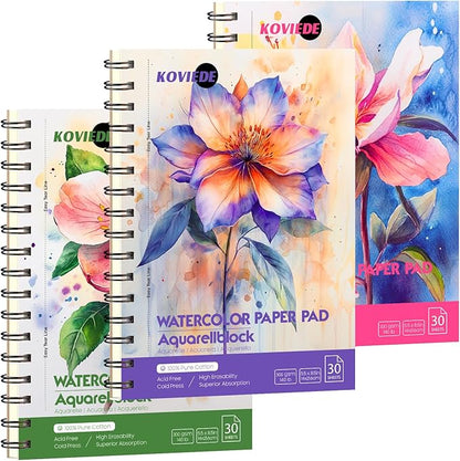 KOVIEDE 100% Cotton Watercolor Paper Pad 3 Pack (90 Sheets) Cold Press 140lb/300gsm Spiral Bound Watercolor Sketchbook, Artist Quality Art Journal Supplies (Floral-3 Pack, 5.5“x8.5)