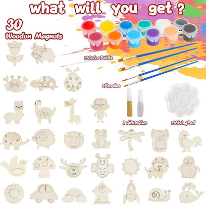 Glintoper 30 Wooden Magnet Painting Craft Kit, Paint Your Own Easter Art and Craft Supplies, Basket Stuffers Party Favors for Boys Girls, Classroom Prize Goodie Bag Gifts