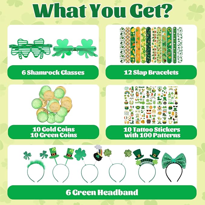 54Pcs St. Patrick's Day Party Favor Set, Includes Eyeglasses Slap Bracelets Tattoo Stickers Gold Coins, St Patricks Day Accessories for Irish Party Supplies Kids St Patricks Day Decorations