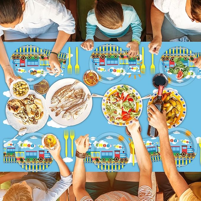 gisgfim Train Birthday Party Supplies Train Theme Party Tableware Includes Train Party Plates Napkins Fork and Train Theme Tablecloth for Birthday Parties Decorations Set Serve 20
