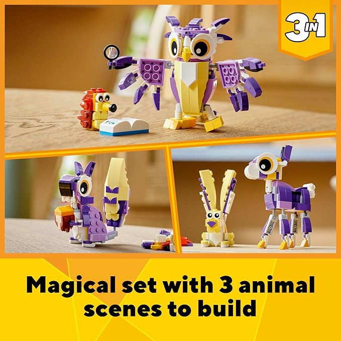 LEGO Creator 3 in 1 Fantasy Forest Creatures, Woodland Animal Toys Set Transforms from Rabbit to Owl to Squirrel Figures, Gift for 7 Plus Year Old Girls and Boys, 31125