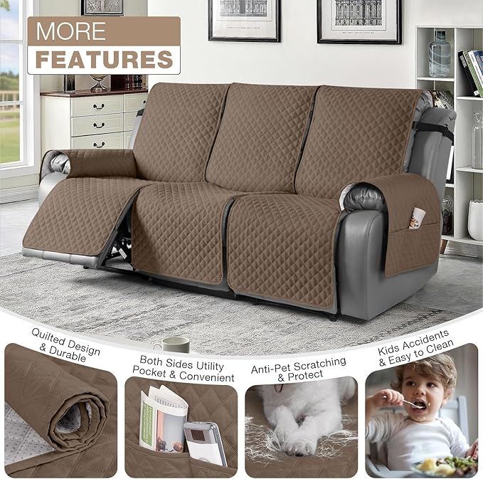 TAOCOCO Waterproof Recliner Couch Covers Sofa Slipcover for 3 Cushion Couch, Pet Sofa Cover for 3 Seat Recliner, Washable Reclining Sofa Cover Furniture Protector with Straps(3 Seater, Brown)