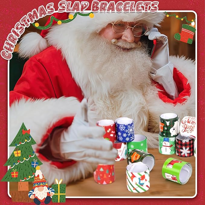 LovesTown 64PCS Christmas Slap Bracelets for Kids, Christmas Snap Bracelets Bulk Christmas Slap Wristbands for Stocking Stuffers Goodie Bag Fillers