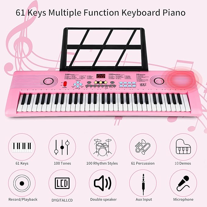 Keyboard Piano 61 Key Electric Digital Piano Music keyboard w/Microphone Portable Piano For Kids Beginner Birthday Christmas Gifts Pink
