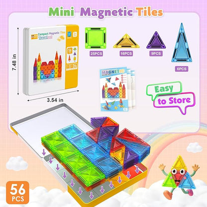 Mini Magnetic Tiles - 56 PCS Travel Magnetic Tiles with Tin, Micro Magnet Travel Toy for Kids Ages 3 4-8, STEM Educational Building Set Construction Toys, Boys Girls Toddlers Birthdays Gifts