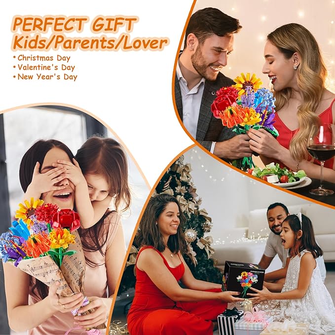 Flowers Bouquet Building Set (1064PCS), 12 Kinds Artificial Flowers Bouquet Set for Adults, Kids, Boys, Girls, Idea Gifts for Mother's Day, Birthdays, Creative Toys Kits Decor for Home Room