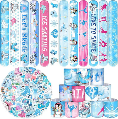 74 PCS Ice Skating Skate Party Favors, 24 PCS Ice Skating Slap Bracelets, 50 PCS Ice Skating Stickers Winter Ice Skating Birthday Party Decorations Supplies for Kids Boys Girls