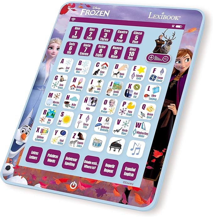 LEXiBOOK Disney Frozen, Educational Bilingual Learning Tablet, Learn Letters Numbers Words Spelling and Music, English/Spanish Languages, Blue, JCPAD002FZi2