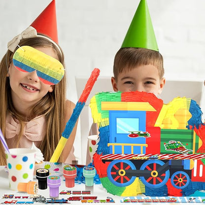 3D Train Pinata Set, Train Themed Birthday Party Game Supplies, Include Stickers Stamps Keychains Slap Bracelets, Train Party Decorations for Kids, Train Pinata for Boys Birthday Party Favors