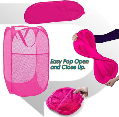 2 Pack Sturdy Mesh Pop up Laundry Hamper Basket with Side Pocket for Laundry Room, Bathroom, Kids Room, College Dorm or Travel Blush