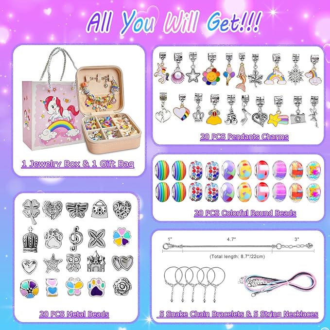 Charm Bracelet Making Kit for Girls 8-12, DIY Bead Jewelry Making Kit with Box, Arts and Crafts for Kids 6-8 Gifts for Girl Toys Age 6 7 8 9 10 11 12 Festival Birthday