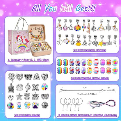 Charm Bracelet Making Kit for Girls 8-12, DIY Bead Jewelry Making Kit with Box, Arts and Crafts for Kids 6-8 Gifts for Girl Toys Age 6 7 8 9 10 11 12 Festival Birthday