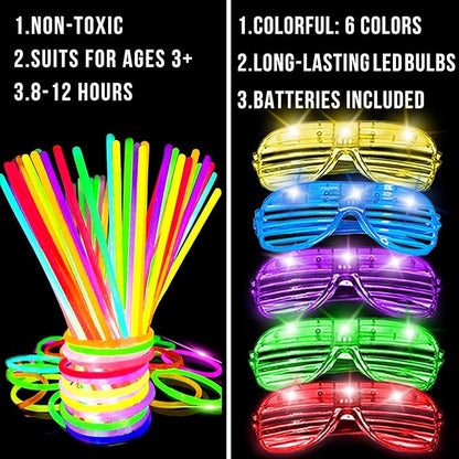 125 Pack Glow in the Dark Party Supplies with 100 Glow Sticks Bracelets and 25 Shutter Shades Flashing Glasses, LED Light Up Toys Neon Party Favors for Kid/Adult Birthday Wedding Carnival Concerts