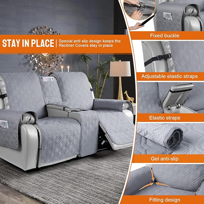 VANSOFY Loveseat Recliner Cover with Console 100% Waterproof Sofa Slipcovers Non-Slip Reclining Couch Cover Split Sofa Covers Furniture Protector for Pets, Dogs(Light Gray)