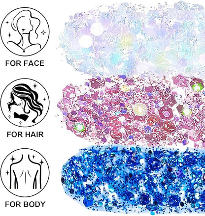 Hair Face Body Glitter Paint Set for Women, White Pink Blue Holographic Mermaid Sequins Chunky Glitter Makeup for Music Festival Rave Accessories, Easter, Wedding, Valentine, Prom