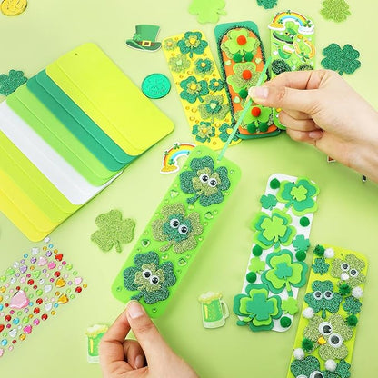 JULBEAR 36 Sets St. Patrick's Day Crafts Kits, Shamrock Bookmark Craft Kits DIY Blank Foam Bookmarks Decorations Leaf Foam Stickers Arts for Kids Classroom Activity St Patrick's Day Party Favors