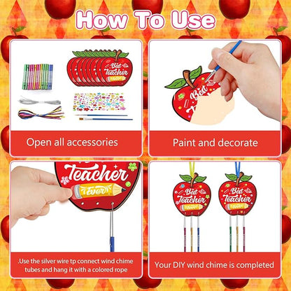 Fennoral 8 Pack Teacher Appreciation Wind Chime Kit for Kids Make You Own Apple Wind Chime for Girls Boys Teacher Day Craft DIY Paint Craft for Teacher Appreciation Ornaments Teacher Gifts