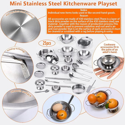 Tiny Classic Stainless Steel Kitchen Toys Cooking Utensils Set-Pretend Play Pots Pans Toy Cookware Kits for Kids Cooking Utensil Set Interactive Learning Role Play Educational Toys for Kids Mini Size