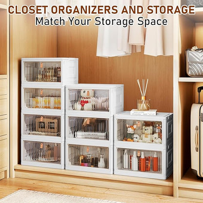 4 Tier Storage Bins with Lids, 23QT Stackable Closet Organizers and Storage with Wheels, Collapsible Storage Boxes, Foldable Plastic Storage Containers for Home,Office, Dorm Room-White