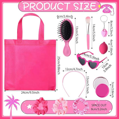 108 Pcs Hot Pink Princess Gift Bags Set Hot Pink Princess Party Favors Kit, 12 Pink Keychains 12 Makeup Mirror 12 Sponge 12 Gifts Bags 12 Heart Sunglasses 12 Brush Headband Hair Band Combs