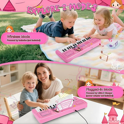 Upgraded 37 Keys Kids Piano Keyboard with Mini Microphone Music Stand – Portable Musical Toys for Toddlers Ages 3 4 5 6 Girls Birthday Gift - Pink