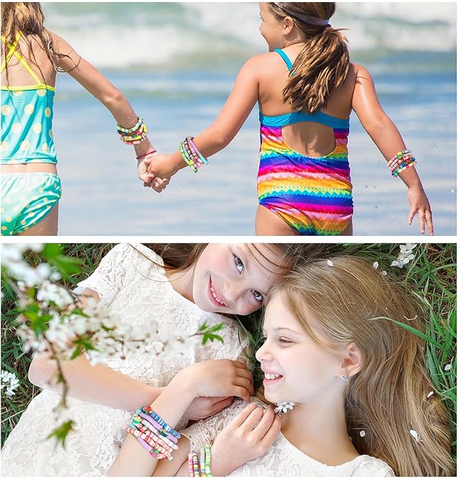 Jadive 48 Pcs Colorful Kids Friendship Bracelet Set Adjustable Stretch Beaded Bracelets Swift Bracelet Preppy Heishi Surfer Bracelets Set Friendship Bracelets for Girls Women Christmas Gift (Fruit)