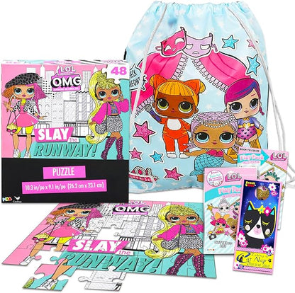 LOL Dolls Drawstring Bag Activity Set - 5 Pc Bundle with LOL Puzzle for Kids, Cinch Bag, Play Pack, and More (LOL Travel Playset for Girls)