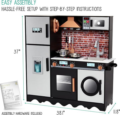 Lil' Jumbl Jumbl Kids Kitchen Set, Pretend Wooden Play Kitchen, Battery Operated Icemaker, Microwave, Range Hood, Stove Top, Oven, with Realistic Sound & Lights, Pots, Pan, & Utensils Included